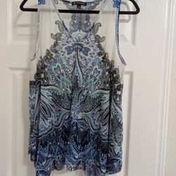 I.N.C. Woman's Sleeveless Sheer Blouse Blue And White