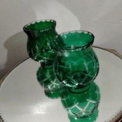 GREEN CRYSTAL  FOOTED  BOWLS / CANDLESTICKS SET OF 2 - 5"×4" / M49