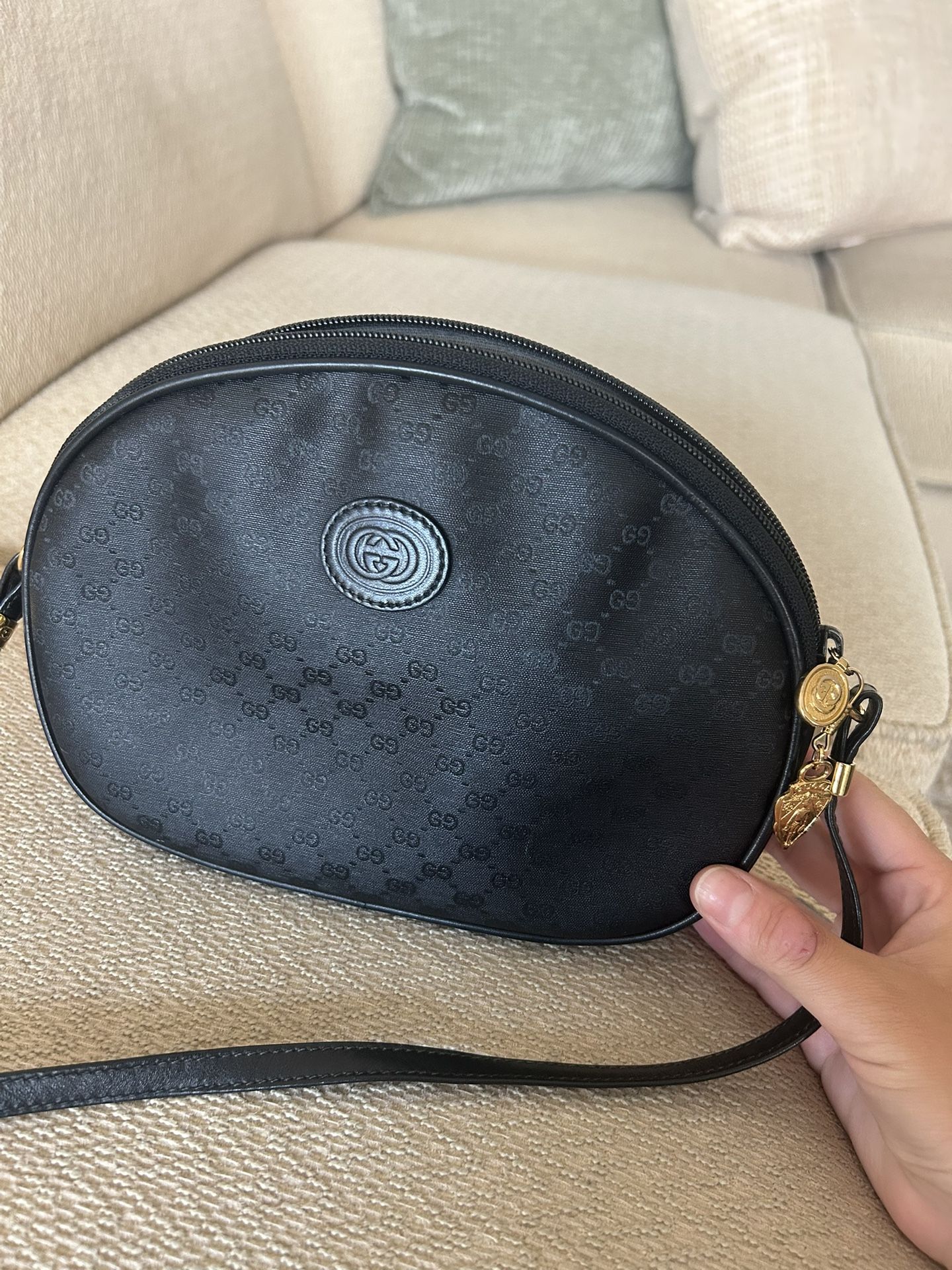 Gucci Black Leather Bag Embossed w Logo Gold Charms