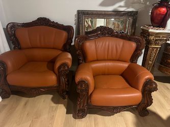 Pair of Baroque Style Leather Armchairs