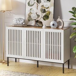 Y354-47" Farmhouse Buffet Cabinet with Metal Base, Adjustable Shelves & 3 Doors, Antique White Storage Sideboard for Kitchen, Dining & Living Room