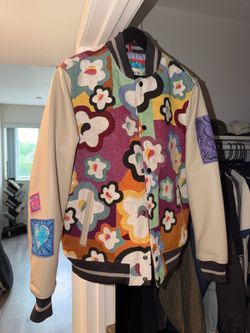 Scotch & Soda Amsterdam Floral Varsity Jacket - Genuine Leather Sleeves - Size Medium