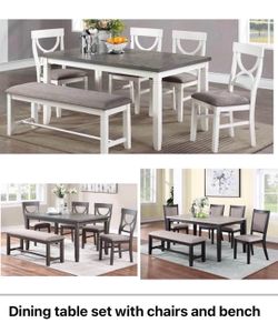 Dining table set with chairs and bench