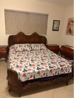Vintage French Provincial Queen Bed Frame – Solid Wood Carved Rococo