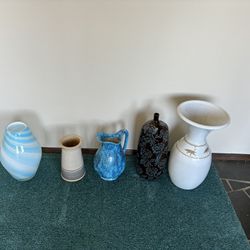 Four Pottery Containers… Three Of Them Are Signed… And One Blown Glass Vase