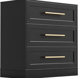 Night Stand Large Bedside Side Table with 3 Drawers, Modern Wood Nightstand, Storage End Table with Golden Handles for Bedroom, Living Room (Black, 1 