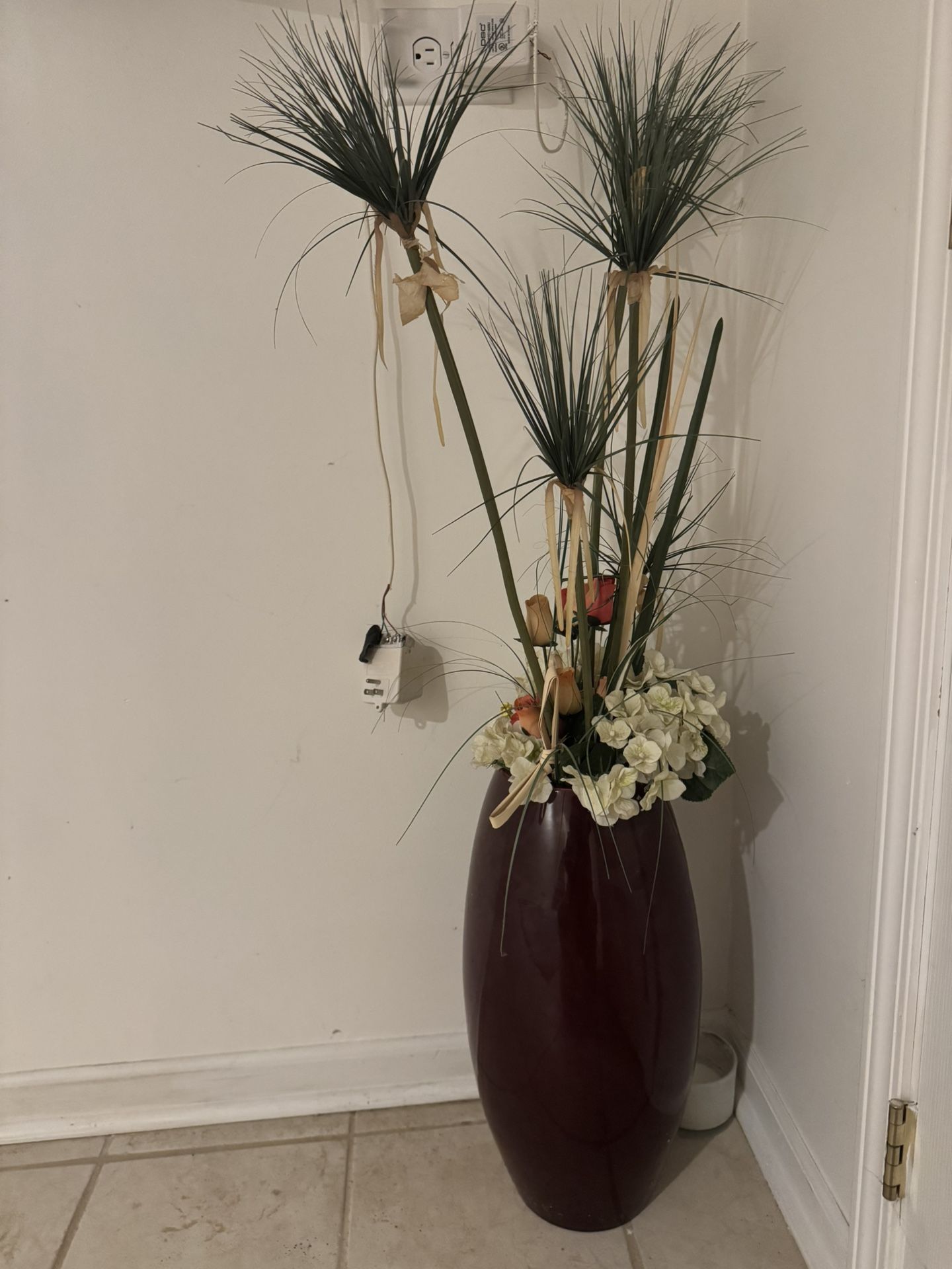Maroon Red Vase With Flowers & Palm Plant