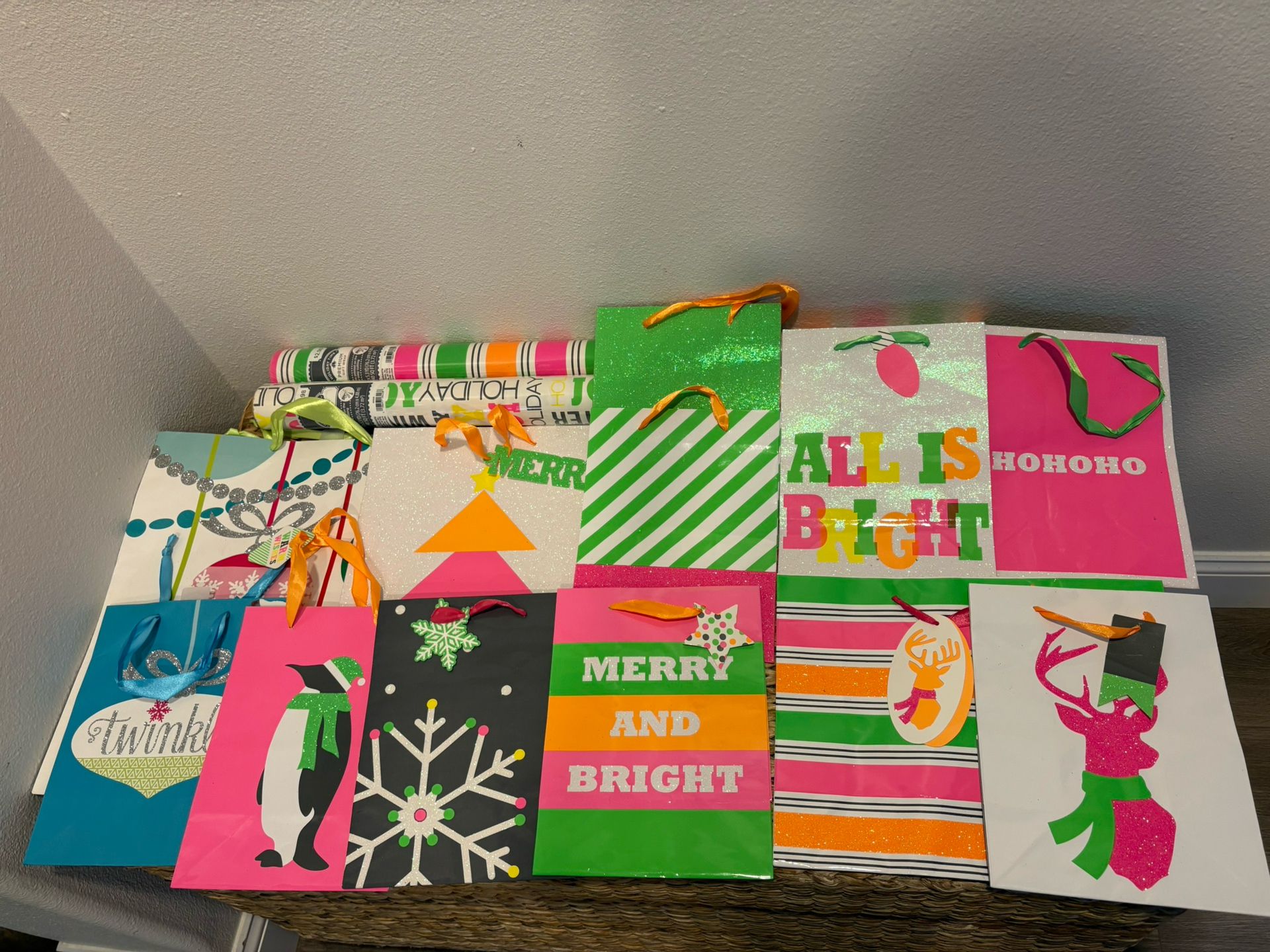 Neon Bright Christmas wrapping paper & bags Lot - Simi Valley