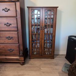 Wood  6 Shelf  Media  Cabinet With 2 Glass Doors