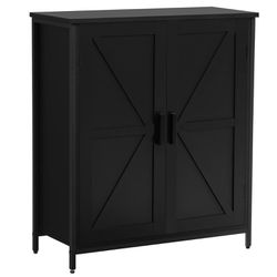 Industrial Floor Cabinet with 2 Doors & 1 Shelf, Wooden Freestanding Storage Cabinet With Metal Frame, For Buffet , Living Room, or Bedroom.