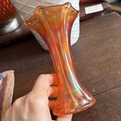 Antique Vtg Imperial Marigold Carnival Glass Morning Glory Swung Ribbed Vase 6"