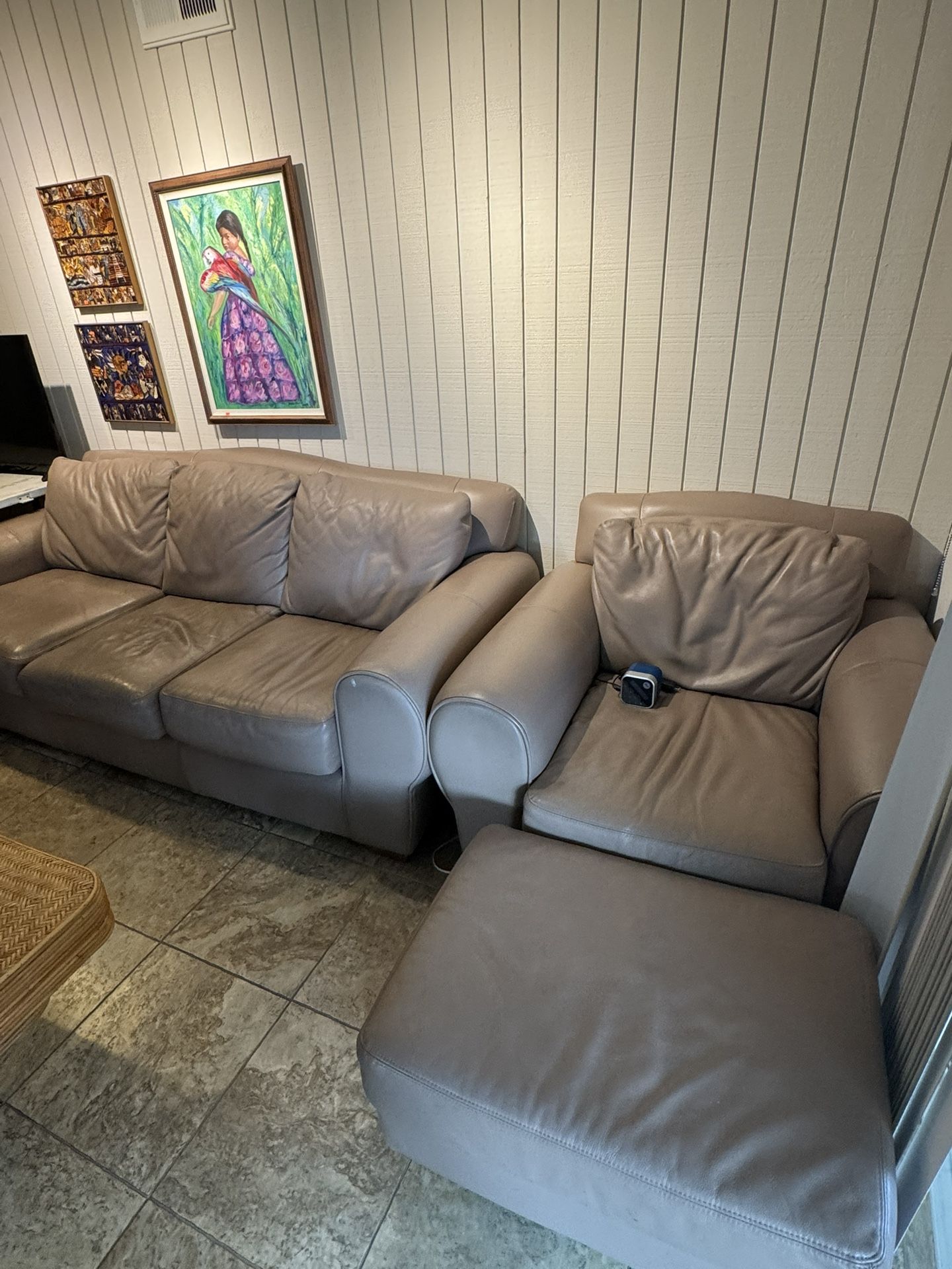 Brown Leather Living Room Set — Couch, Love Seat & Chair w/ Ottoman