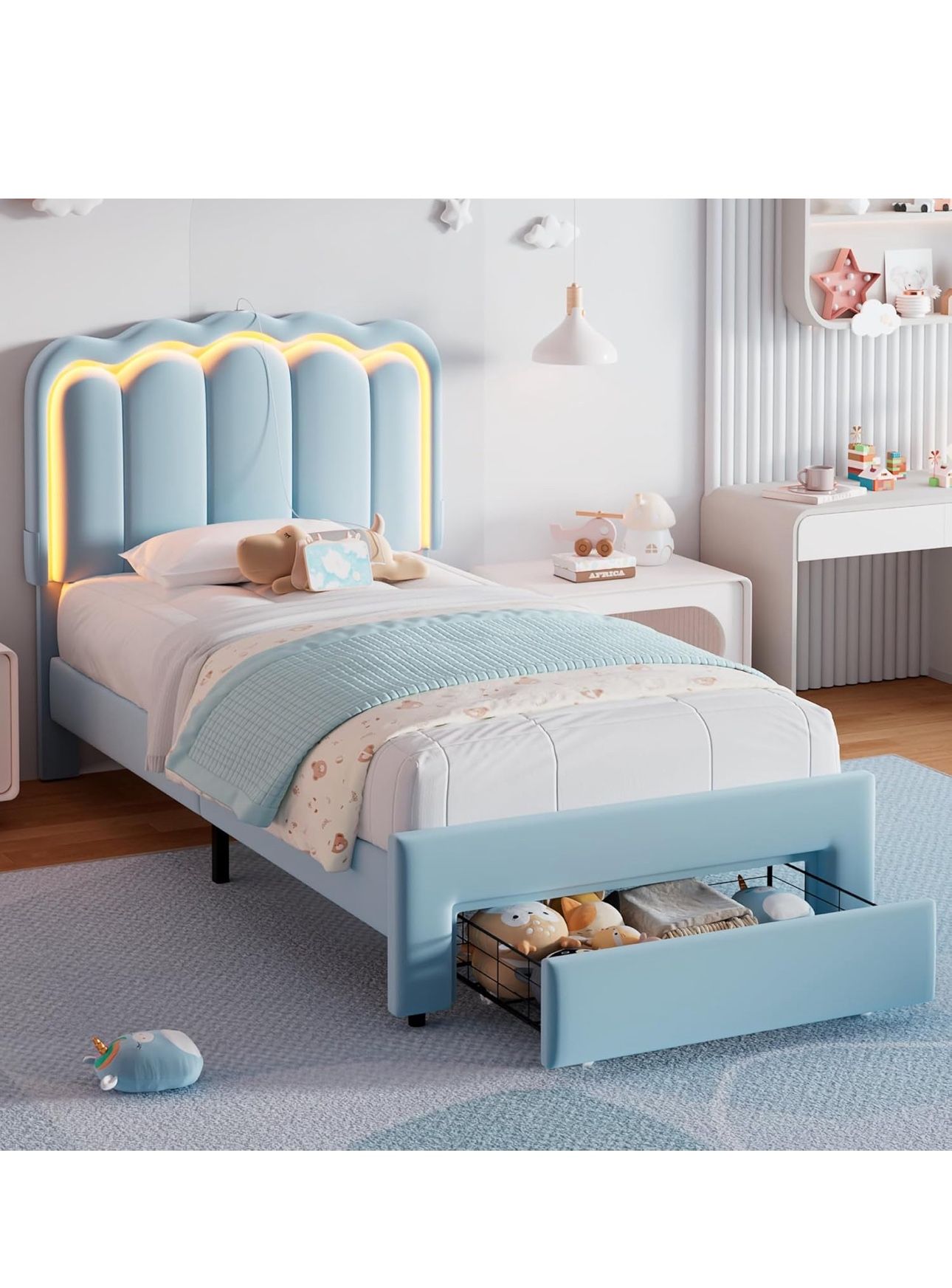 Twin Upholstered LED Bed Frame with Storage Drawer and Adjustable Chic Double Wavy Headboard, Velvet