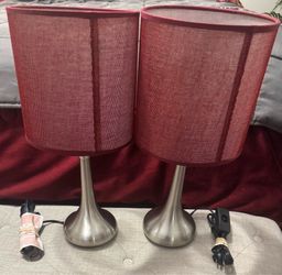 Very Good Set x 2  Silver Lamps/ Burgundy Shades Included.
