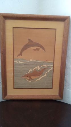 Vintage 1990s Handmade Wood Marquetry Art of Two Dolphins in the Ocean