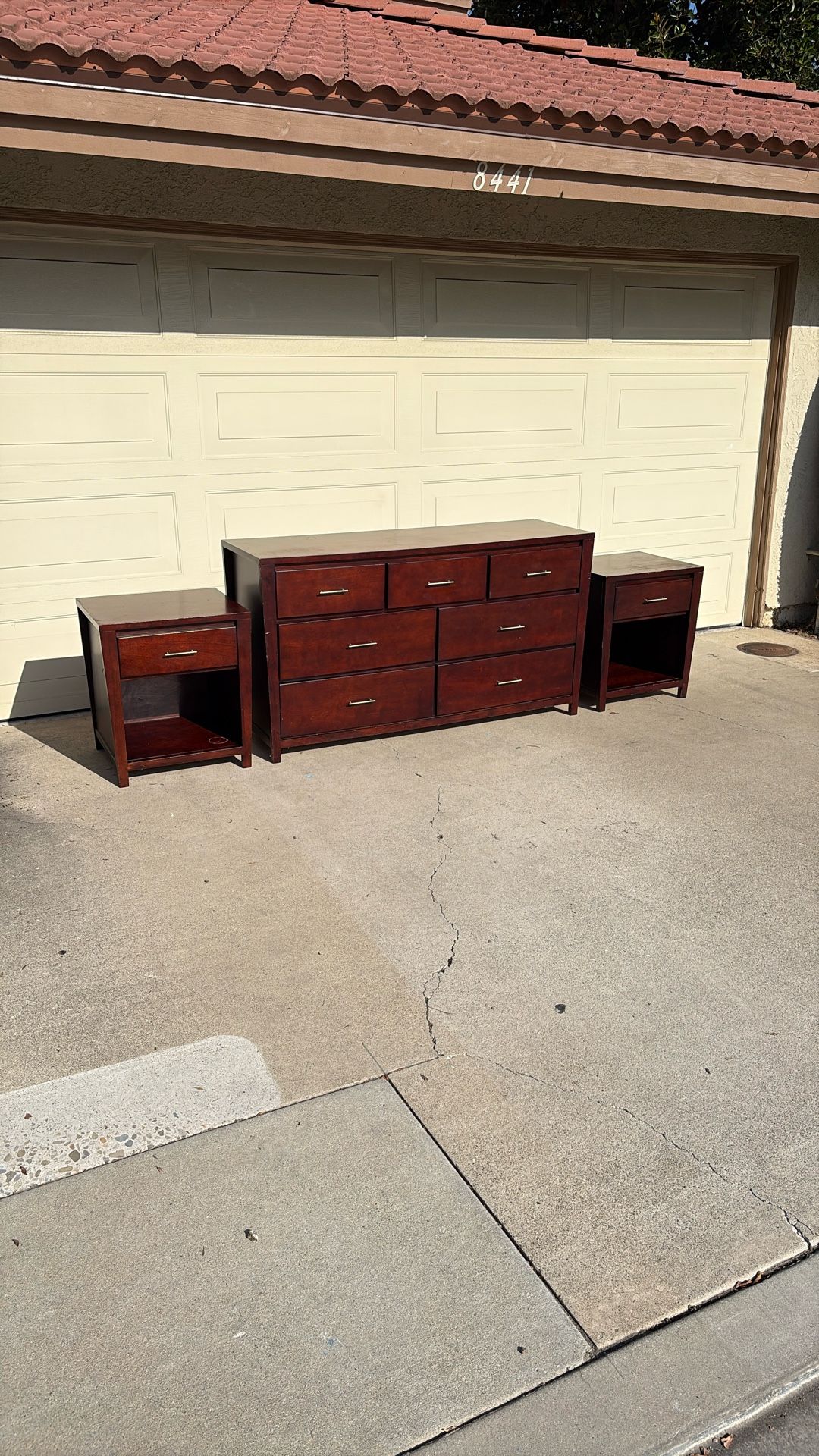 Extras Included Read Below -Beautiful Wood Dresser + 2 Matching Nightstands and  Cal King Bed Frame – Must Go Quickly!