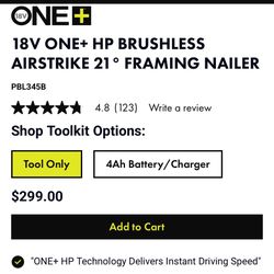 Used Ryobi PBL345B 18V ONE+ HP BRUSHLESS AIRSTRIKE 21° FRAMING NAILER (Tool only)