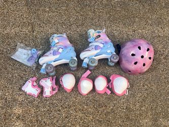 Kids Roller Skates + Safety Gear + Trainer – $50 Firm