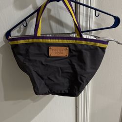 Kate Spade Collapsible Canvas Leather Small Tote Snap Bag Brown Yellow Purple