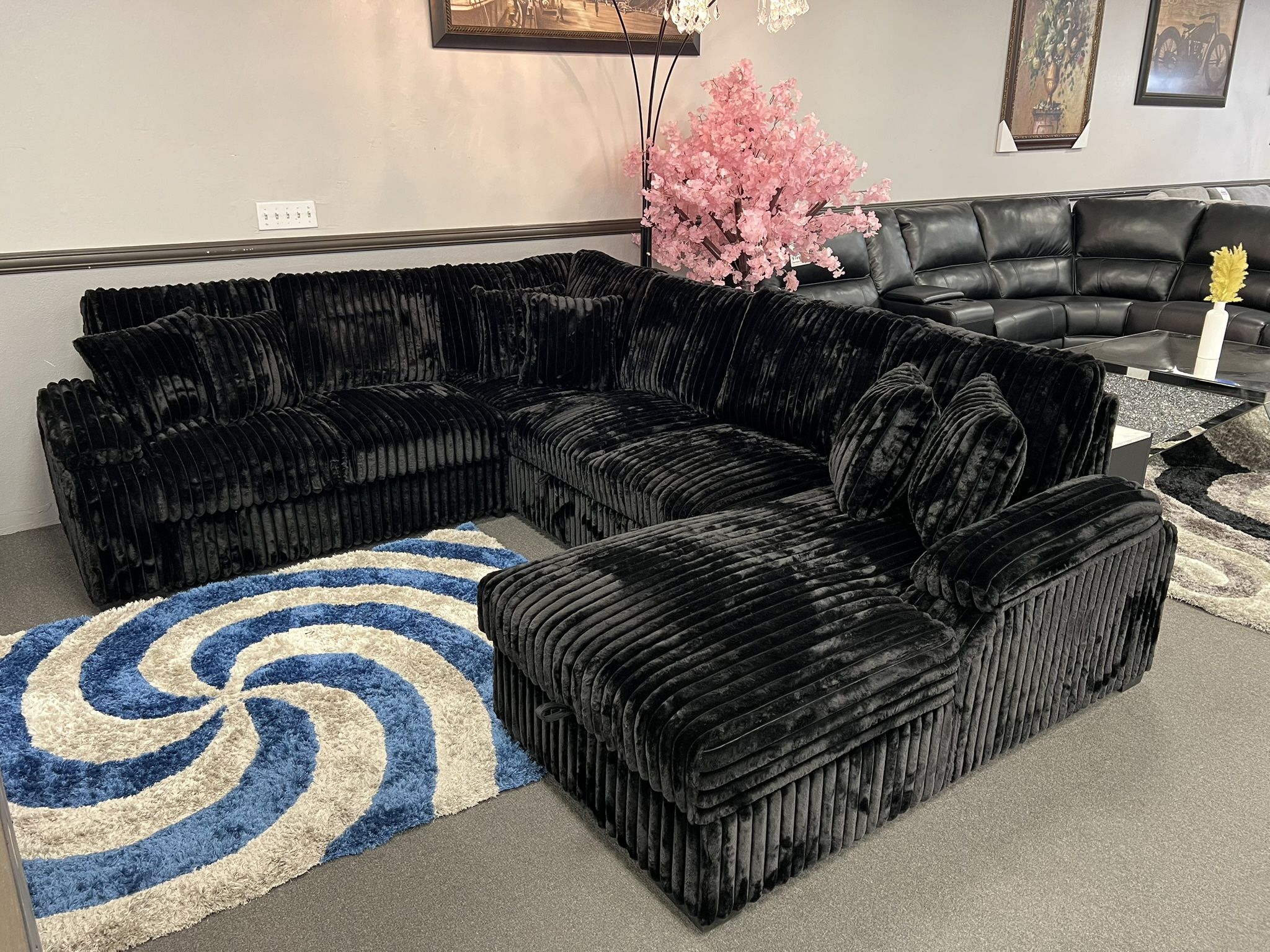 Black Corduroy Sofa Sectional w/ Pull- Out Sleeper & Storage In Chaise