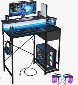 Small Gaming Desk with LED Lights & Long Monitor Stand