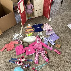American Girl Doll 18” With Closet And Clothes
