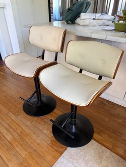Pair of Mid-Century Modern Adjustable Bar Stools – Cream & Walnut