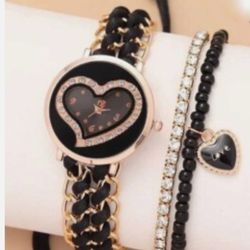 Quartz Watch Set Bracelet Mesh Heart Rhinestone Diamond Jewelry Women Heart Reloj Pulsera 