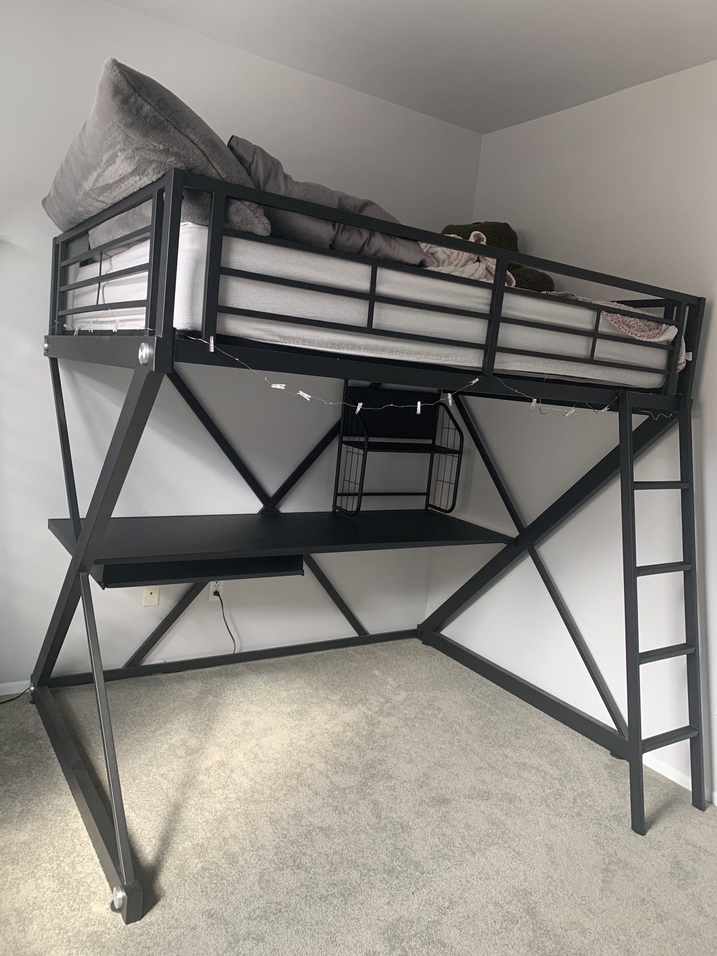 Iron bunk bed and desk combination - full size bed