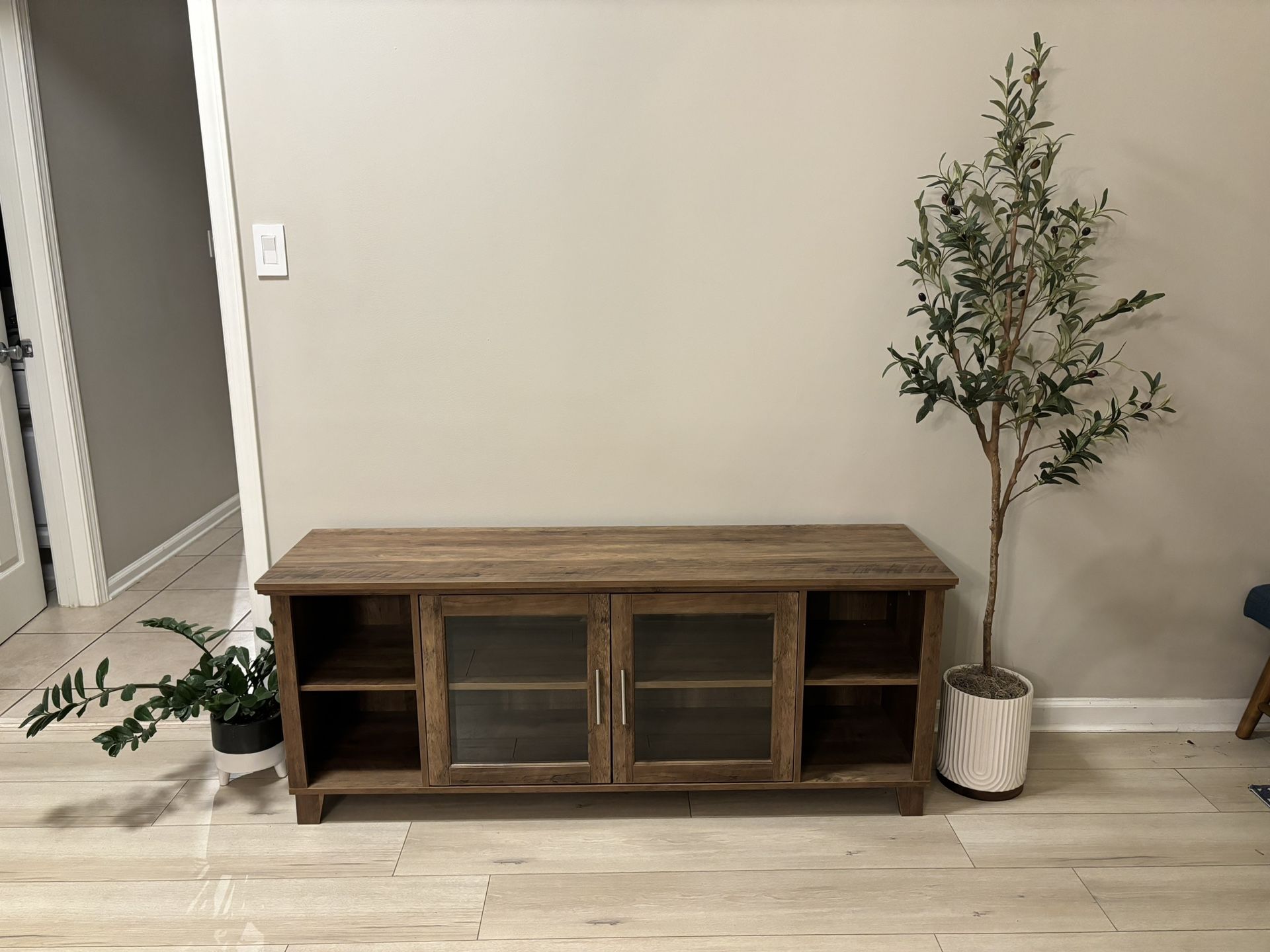 Pemberly Row 64" TV Stand Console Entertainment Center Credenza with Glass Door Storage in Dark Walnut