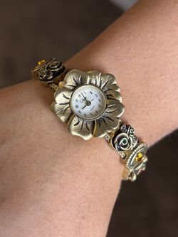Vintage Collezio Floral Gem Rhinestone Bracelet Watch Gold Tone Quartz