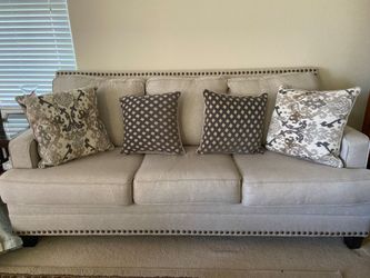Greige Fabric Sofa with Nailhead Trim