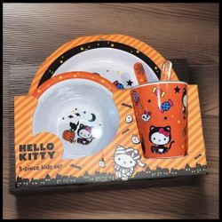 Hello Kitty Halloween Black Cat 5 Piece Kids Dinnerware Set Melamine