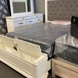 Queen Farmhouse Bedroom Set With Storage Footboard 4pc New