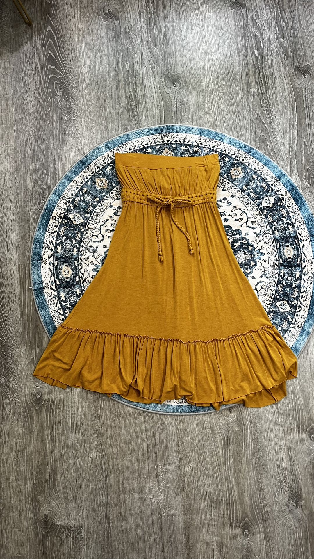 Rue21 Vintage Y2K Small Mustard Yellow Boho Strapless Ruffle Flowy Mini Dress