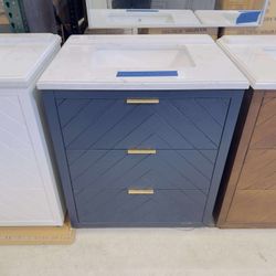 Brand New Bathroom Vanity “30” in Navy Blue with 3 modern drawers and Marble Top in White $489 