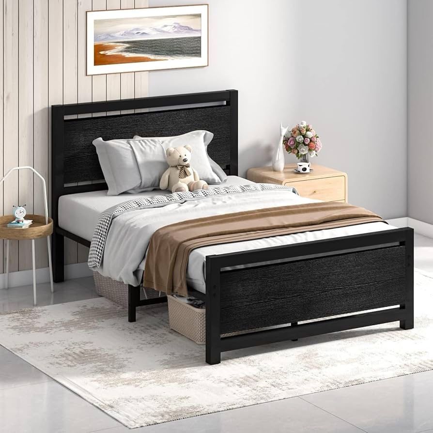 Twin Bed Frames with Headboard, Metal Twin Size Bed Frame with Strong Steel Slat Support, Heavy Duty Platform Bed, Under Bed Storage, Noise-