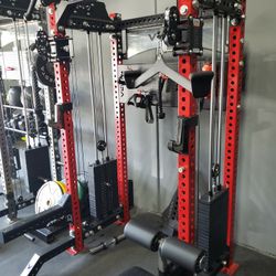 NEW Squat Rack Functional Trainer Cable Cross Over  Adjustable Bench Press 45lb Barbell Bumper Plates Home Gym 