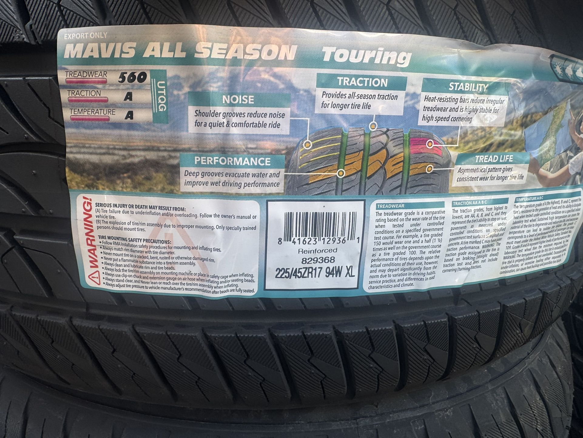 (4) 225/45R17 SET OF NEW TIRES MAVIS ALL SEASON !! FREE INSTALLATION AND BALANCE !