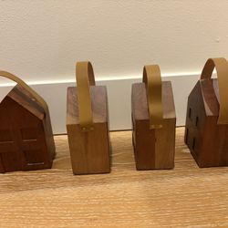 Set Of Four Wooden House Decor With Leather Straps