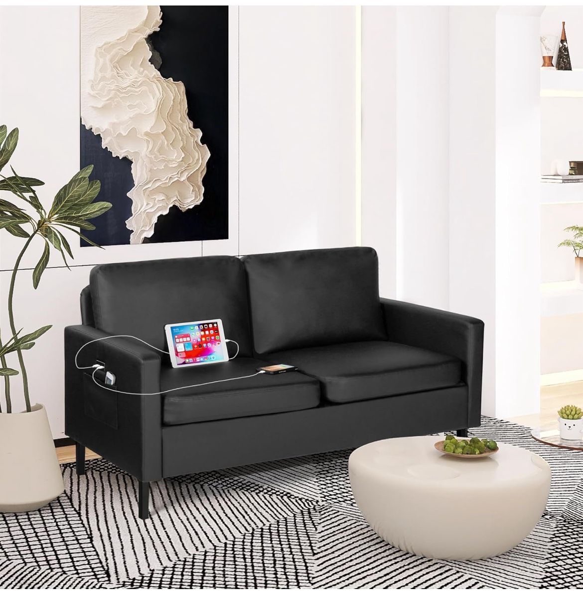 Faux Leather Black Couch Loveseat Sofa with 2 USB, Small Couches Living Room Bedroom comfy cushion
