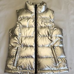 Victoria Secret Pink Silver Metallic Puffer Vest Women's Bling Full Zip Sz Small