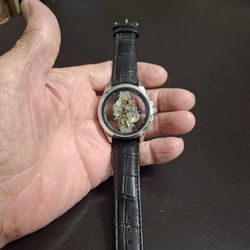 TPW No. K5110 Skeleton Style Watch With Stainless Steel Case & Genuine Black Leather Band, Water Resistent-Has New Battery 