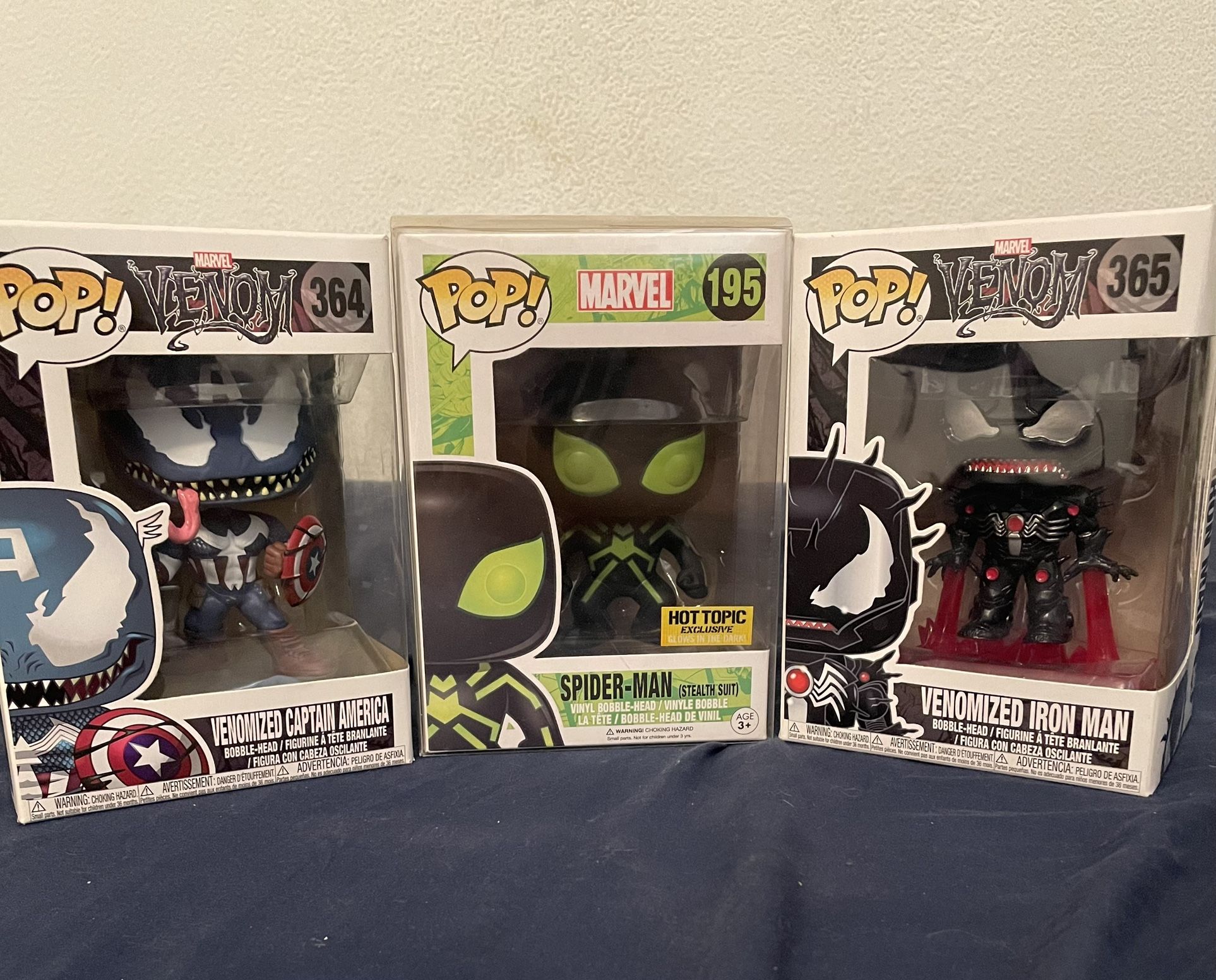 Marvel Pop Head, Venom Captain America, Spider-Man Stealth Suit, venom Iron Man
