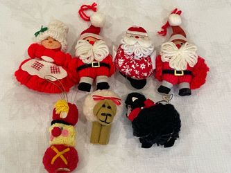 7 vintage handmade yarn and fabric Christmas tree ornaments. 3”-5” each
