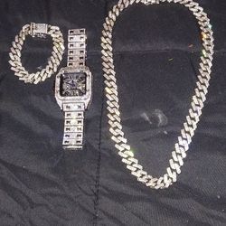 Cuban Link Necklace And Bracelet With Watch 