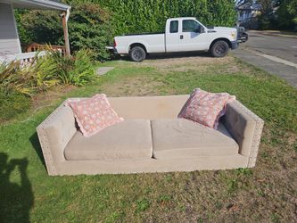 Beige Tufted Sofa with Nailhead Trim