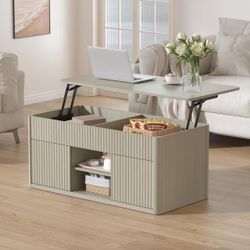 39.3" Fluted Lift Top Coffee Table, Large Storage Compartment, Adjustable Shelves-Light Grey Oak
