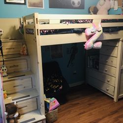 Twin Loft Bed With Attached Dresser, Drawers, and Bookshelf