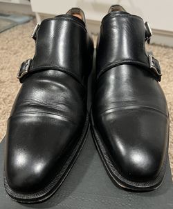 Magnanni Black Leather Monk Strap Almond Toe Buckle Men's Dress Shoes US 9